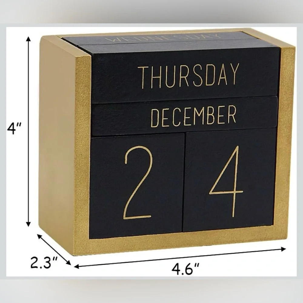 Elegant Wooden Block Perpetual Calendar | Black & Gold | New